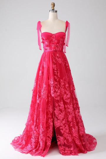 A-Line Spaghetti stropper Fuchsia Long Prom Kjole med Slit